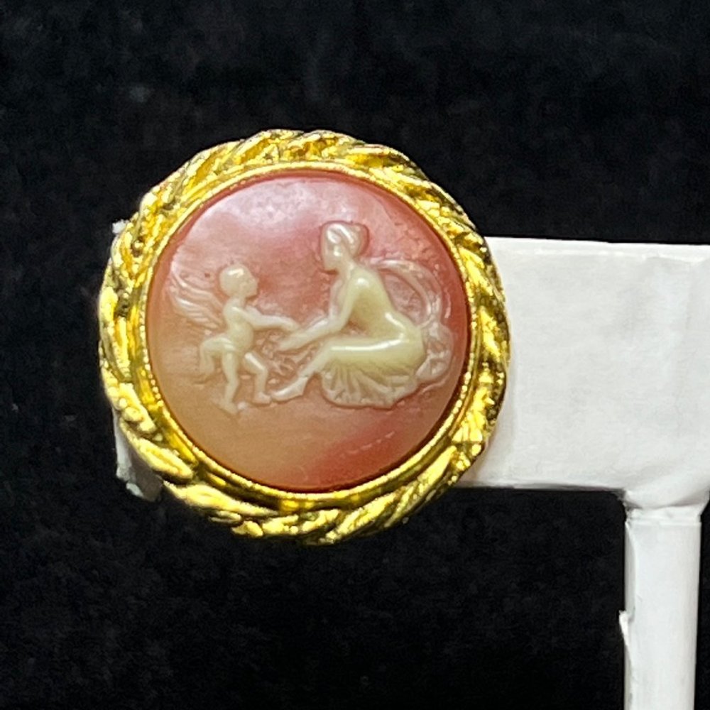 Gold Tone Carved Shell Woman With Fairy Cameo Button Clip On Earrings (3534) - Picture 2 of 7